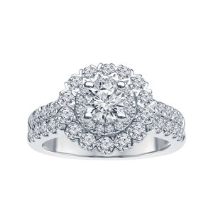 Two bands of diamonds and a double halo all wrapped around our exclusive H Diamond center