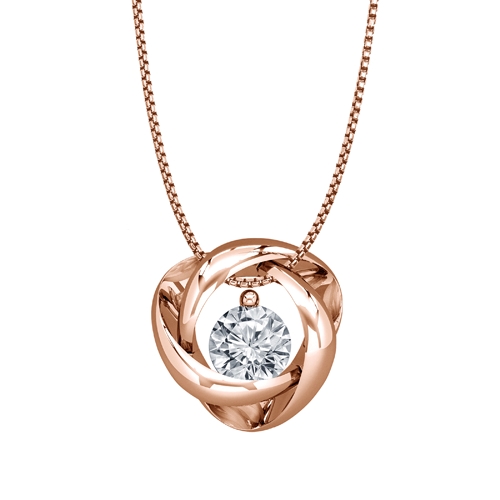 A rose gold pendant with a diamond in the center on a rose gold chain
