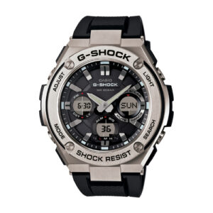 Silver and black watch with G-SHOCK SHOCK RESIST printed on frame