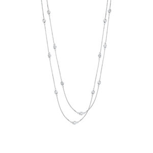 white gold necklace with bezel set diamonds stationed between white gold chain