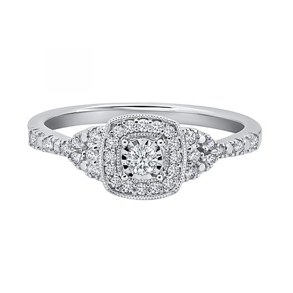 10K White Gold cushion-shaped halo ring. A 1/4CT of diamonds