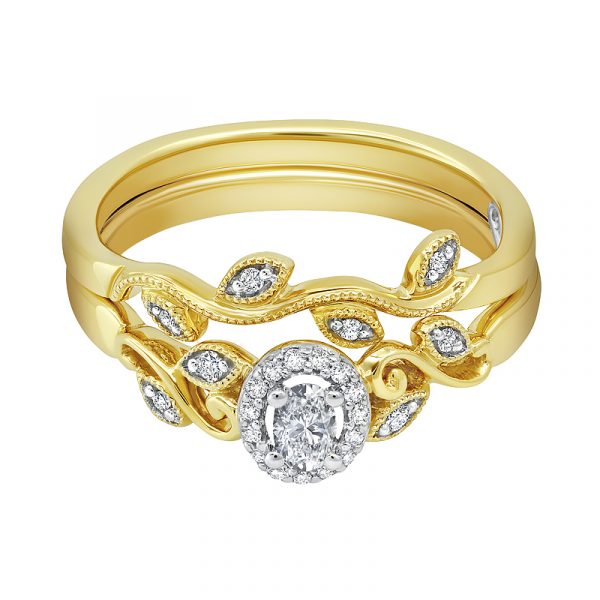 10K Yellow Gold leaf design wedding set with oval halo and center diamond