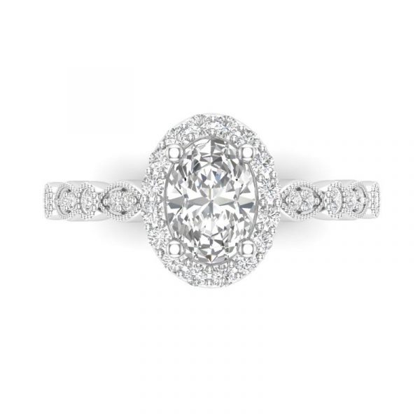 oval halo ring features over 1/2CT of diamonds with a 1/3CT center.