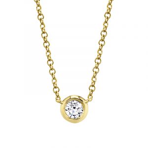 A dazzling .05CTW diamond set in a 14K Yellow Gold bezel pendant. 
