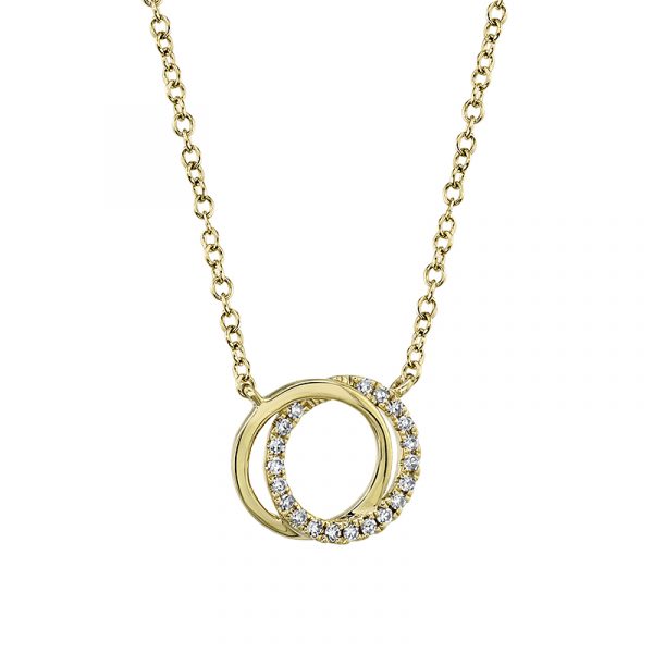 Necklace with two connected circles featuring diamonds