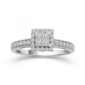 10K White Gold multi-stone setting featuring 4 Princess-cut diamonds accented by a halo of brilliant Round diamonds