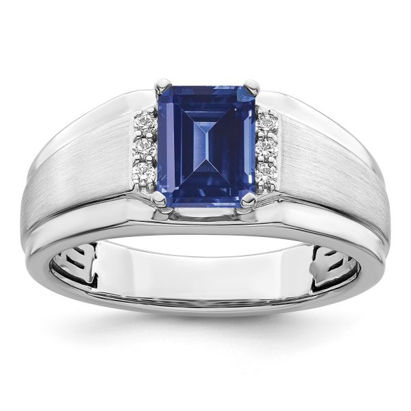 Emerald-cut blue sapphire Sterling Silver signet ring with diamonds on both sides of the center stone