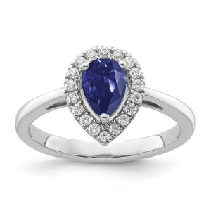 Pear-shaped Sapphire ring with a diamond halo