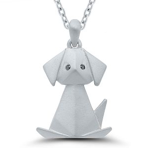 Silver and Black Diamond Origami dog pendant