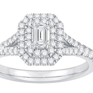Two Hearts Emerald Cut Double Halo Diamond Ring