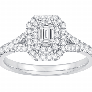 1/3 ct emerald cut center diamond ring with two round diamond halos