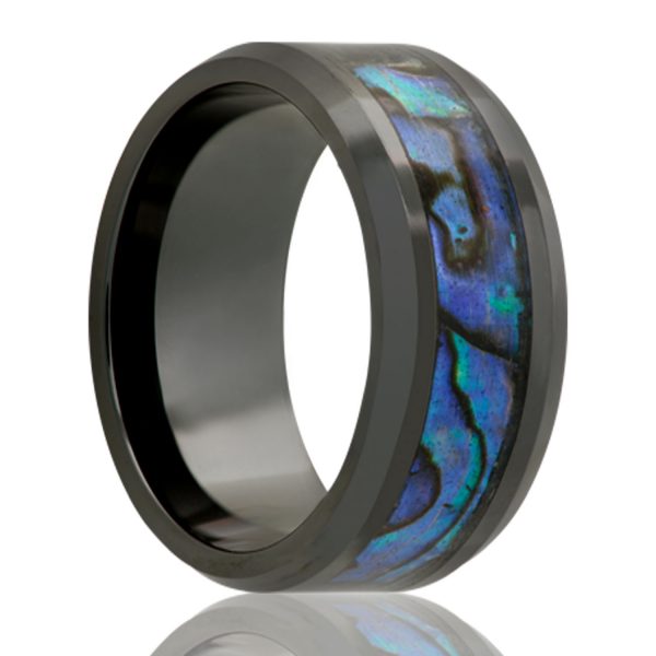 A unique Black Ceramic Beveled Band with Abalone inlay pulled straight from the sea.