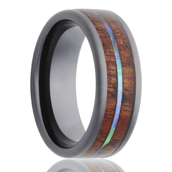 This Black Ceramic Koa and Abalone band gives you a piece of the forested coast to call your own!